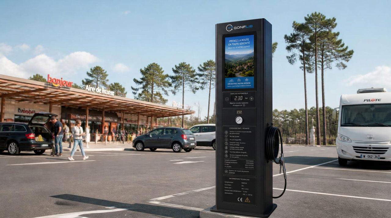 Borne de gonflage sur une aire d'autoroute française, voitures et camping-car stationnés