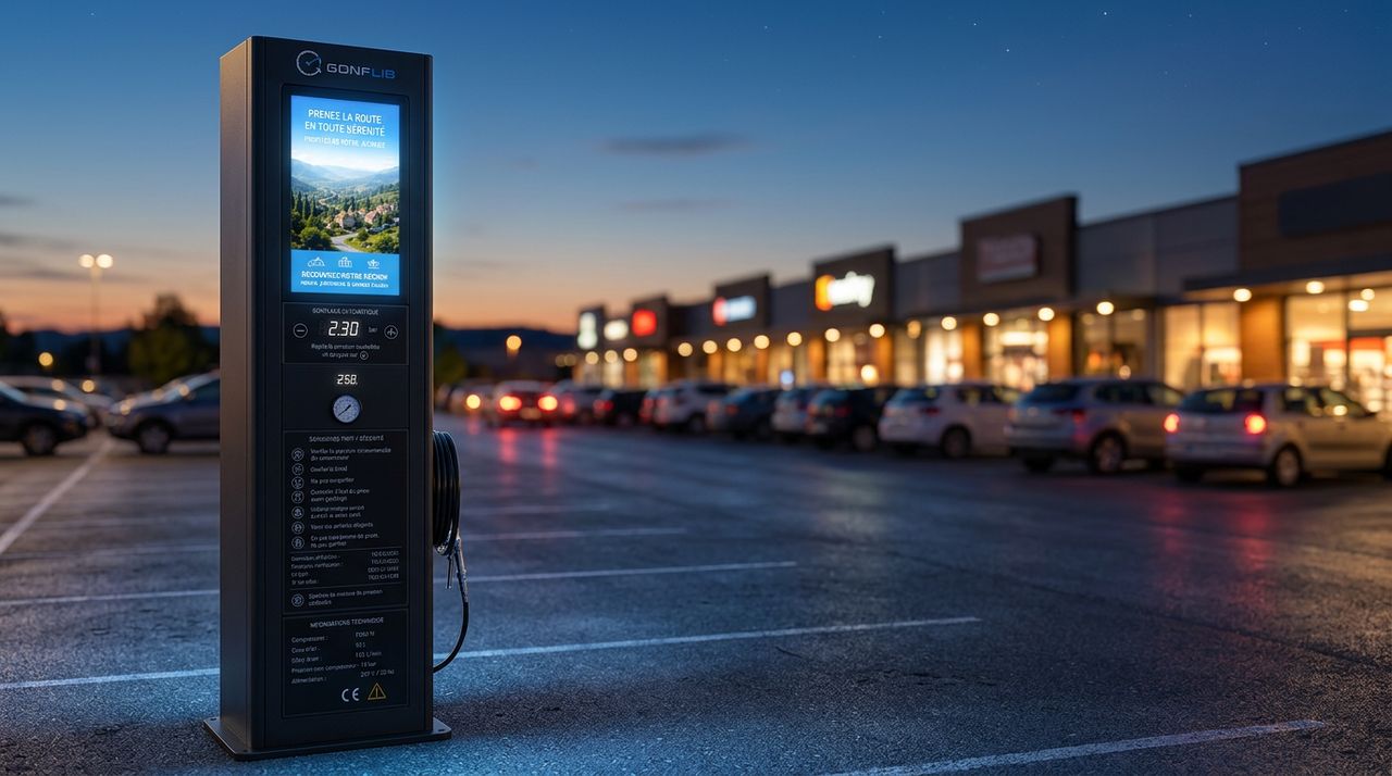 Écran digital lumineux d'une borne extérieure diffusant un contenu sur un parking
