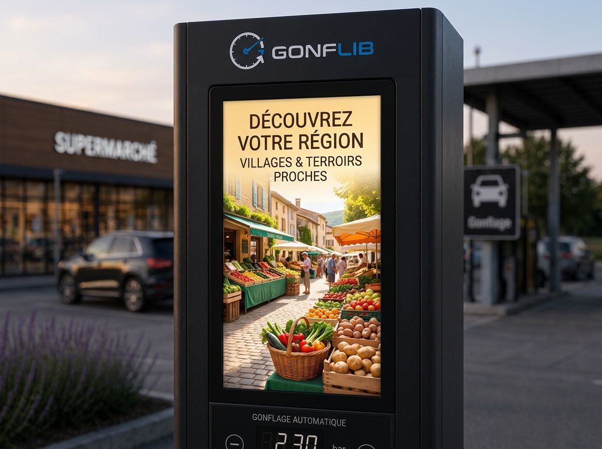Gros plan de l'écran digital vertical de la borne GONFLIB diffusant une publicité locale sur un parking