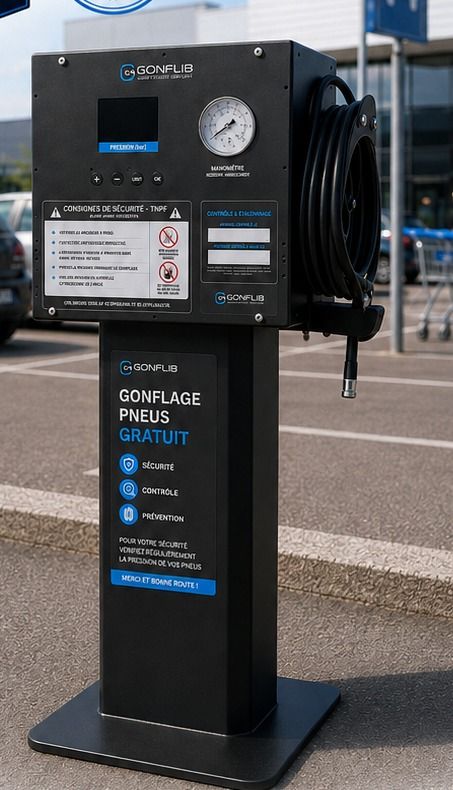 Station de gonflage compacte GONFLIB sur pied, avec écran digital, manomètre et flexible enroulé, installée sur un parking