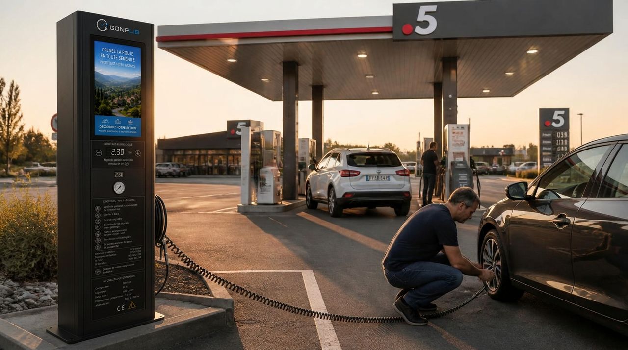 Borne de gonflage installée sur le parvis d'une station-service, un conducteur gonfle un pneu au crépuscule